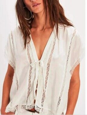 FREE PEOPLE Marigold Shine Lace Button Front Top Ivory S Blogger Fave NWOT
